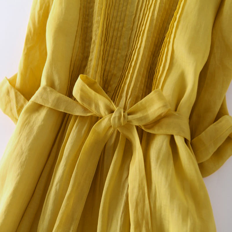 Buddha Stones Casual Lace-up Plain Crew Neck Half Sleeve Cotton Midi Dress With Pockets - image 9