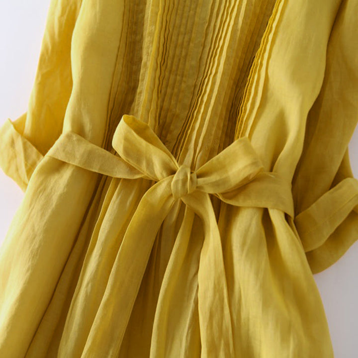 Buddha Stones Casual Lace-up Plain Crew Neck Half Sleeve Cotton Midi Dress With Pockets - image 9