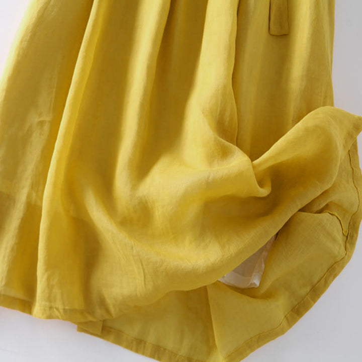 Buddha Stones Casual Lace-up Plain Crew Neck Half Sleeve Cotton Midi Dress With Pockets - image 14