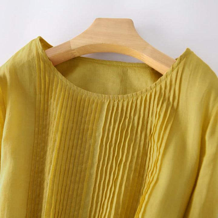 Buddha Stones Casual Lace-up Plain Crew Neck Half Sleeve Midi Dress With Pockets - image 9