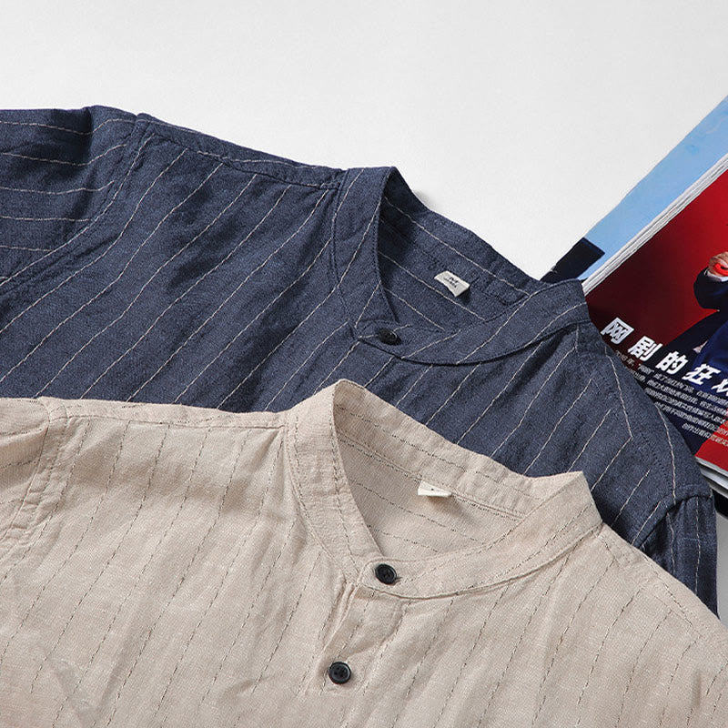 Buddha Stones Daily Tang Suit Men's Striped Pattern Cotton Linen Long Sleeve Shirt - image 13