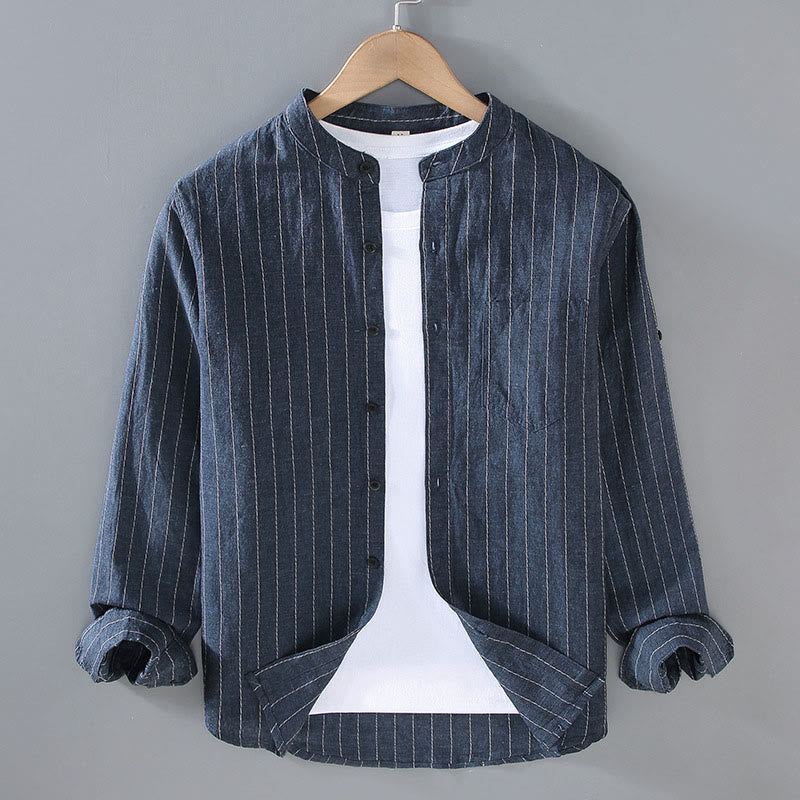 Buddha Stones Vintage Tang Suit Men's Striped Pattern Cotton Linen Long Sleeve Shirt - MidnightBlue - US/UK/AU42，EU52 (3XL) - image 1