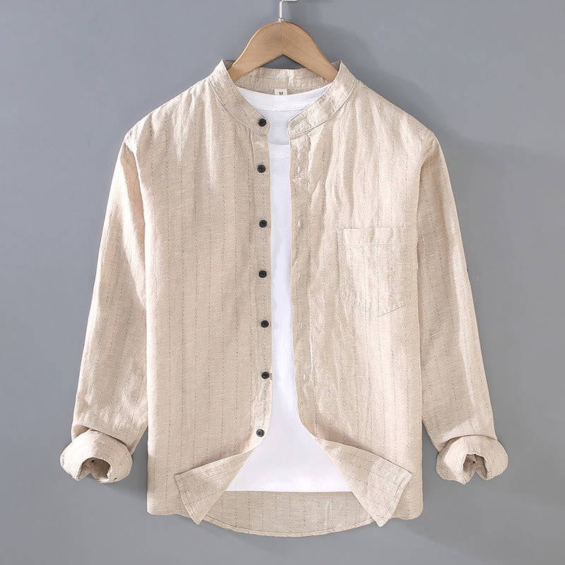 Buddha Stones Daily Tang Suit Men's Striped Pattern Cotton Linen Long Sleeve Shirt - Beige - US/UK/AU42，EU52 (3XL) - image 3