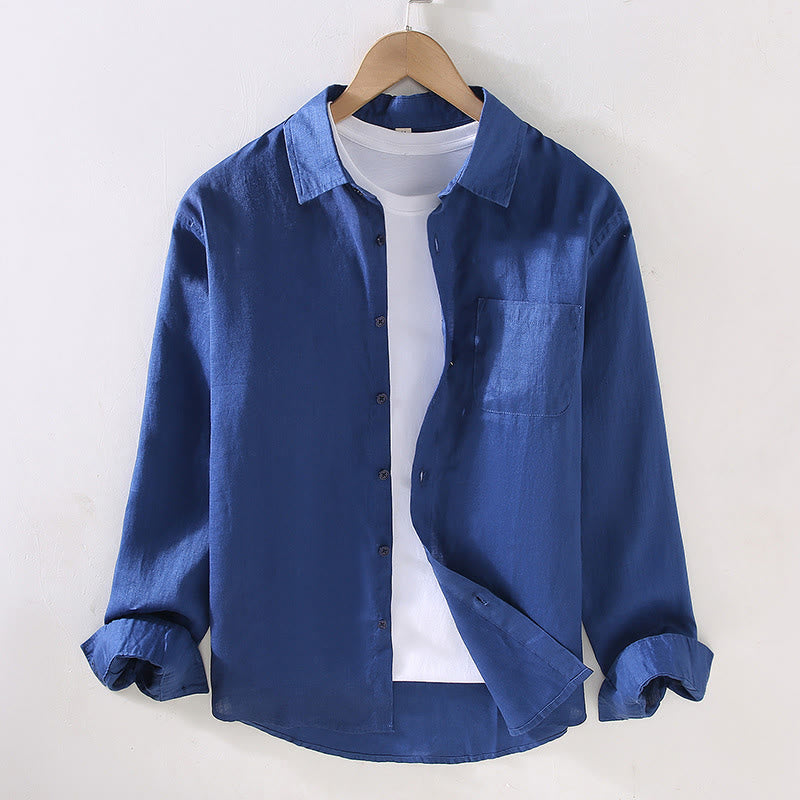 Buddha Stones Spring Men's Casual Pure Color Linen Long Sleeve Shirt With Pocket - MediumBlue - US/UK/AU42，EU52 (3XL) - image 12