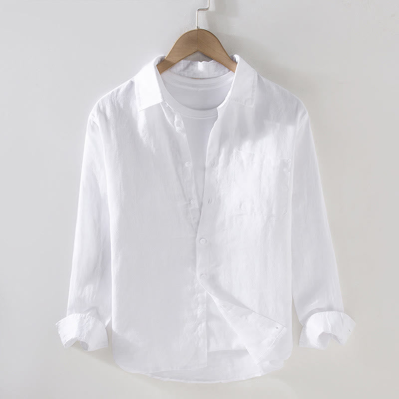 Buddha Stones Spring Men's Casual Pure Color Linen Long Sleeve Shirt With Pocket - White - US/UK/AU42，EU52 (3XL) - image 7