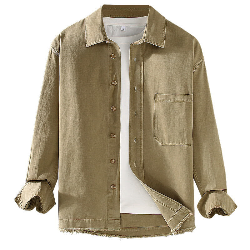 Buddha Stones Men's Pure Color Tassels Hem Design Cotton Long Sleeve Shirt With Pocket - image 8