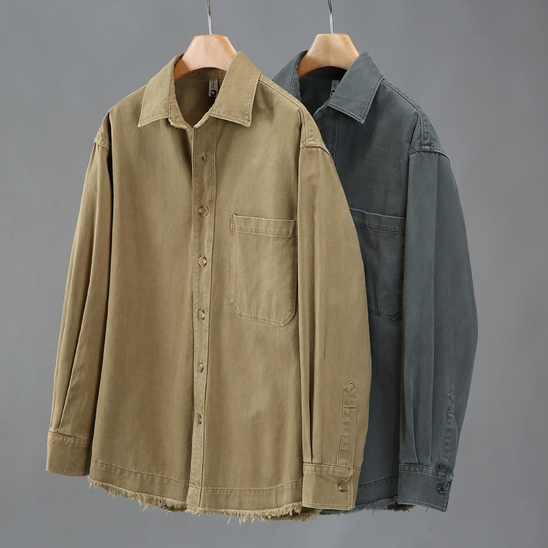 Buddha Stones Men's Pure Color Tassels Hem Design Cotton Long Sleeve Shirt With Pocket - image 8