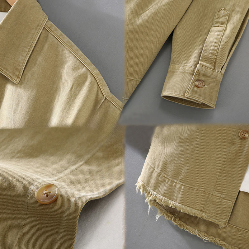 Buddha Stones Men's Pure Color Tassels Hem Design Cotton Long Sleeve Shirt With Pocket - image 6