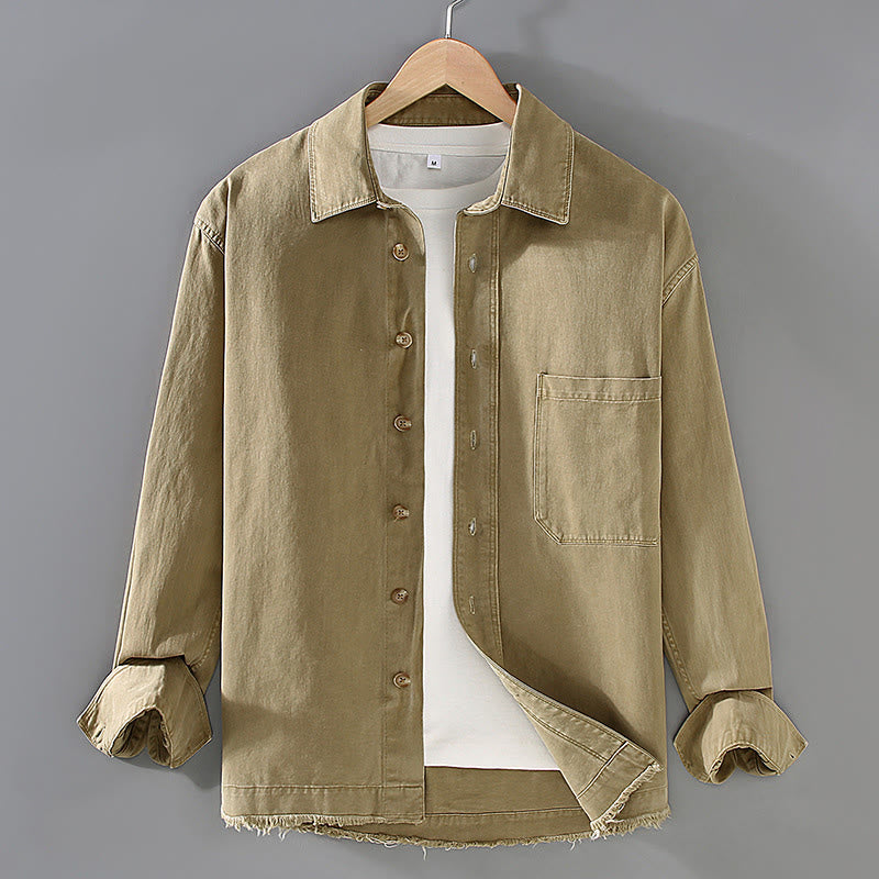 Buddha Stones Men's Pure Color Tassels Hem Design Cotton Long Sleeve Shirt With Pocket - Khaki - US/UK/AU46，EU56 (3XL) - image 1