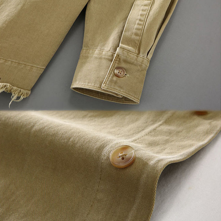 Buddha Stones Men's Pure Color Tassels Hem Design Cotton Long Sleeve Shirt With Pocket - image 5