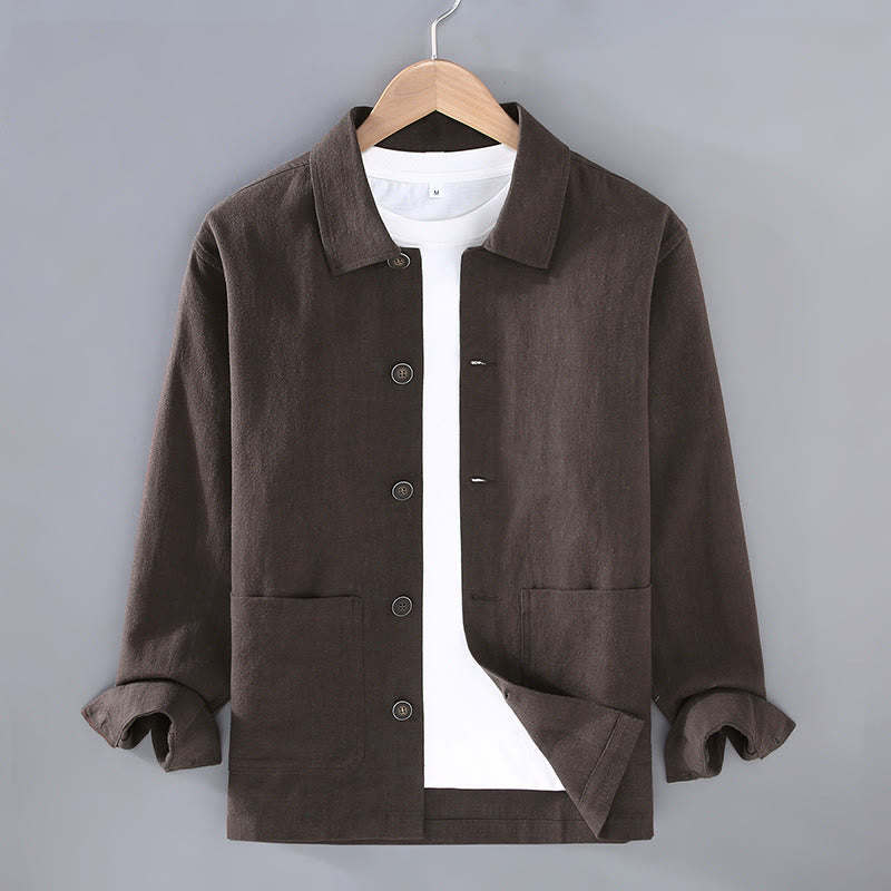 Buddha Stones Commute Plain Long Sleeve Button Lapel  Design Men's Ramie Linen Jacket With Pockets - SaddleBrown - US/UK/AU42，EU52 (3XL) - image 1