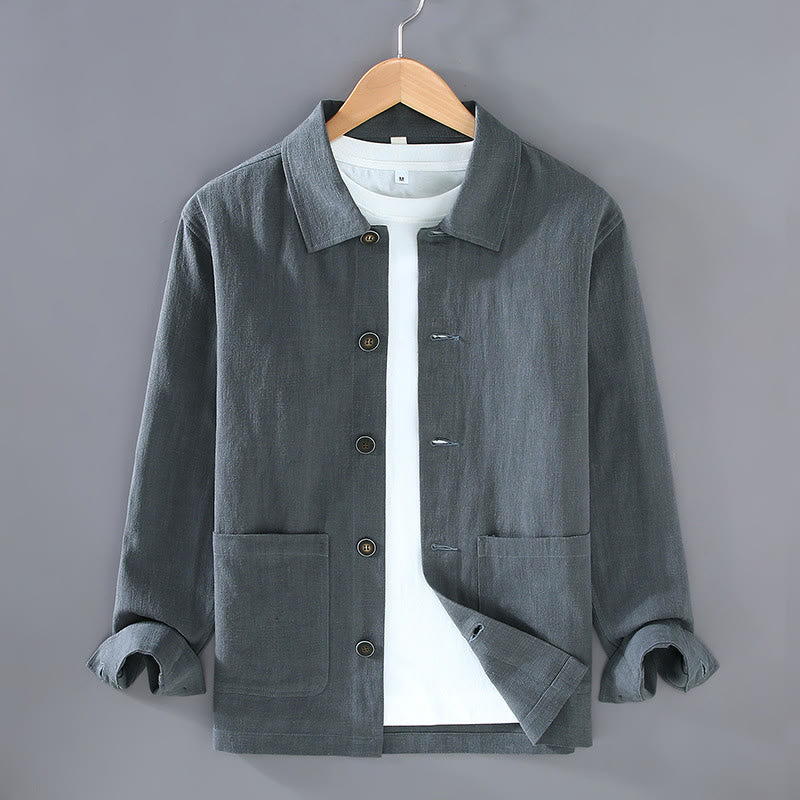 Buddha Stones Commute Plain Long Sleeve Button Lapel  Design Men's Ramie Linen Jacket With Pockets - SlateGray - US/UK/AU42，EU52 (3XL) - image 4