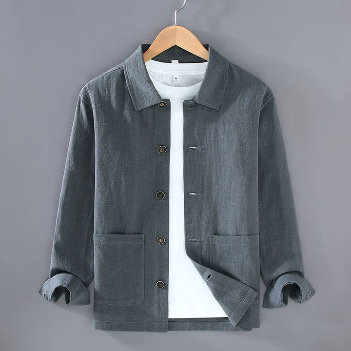 Buddha Stones Commute Plain Long Sleeve Button Lapel  Design Men's Ramie Linen Jacket With Pockets - SlateGray - US/UK/AU42，EU52 (3XL) - image 4