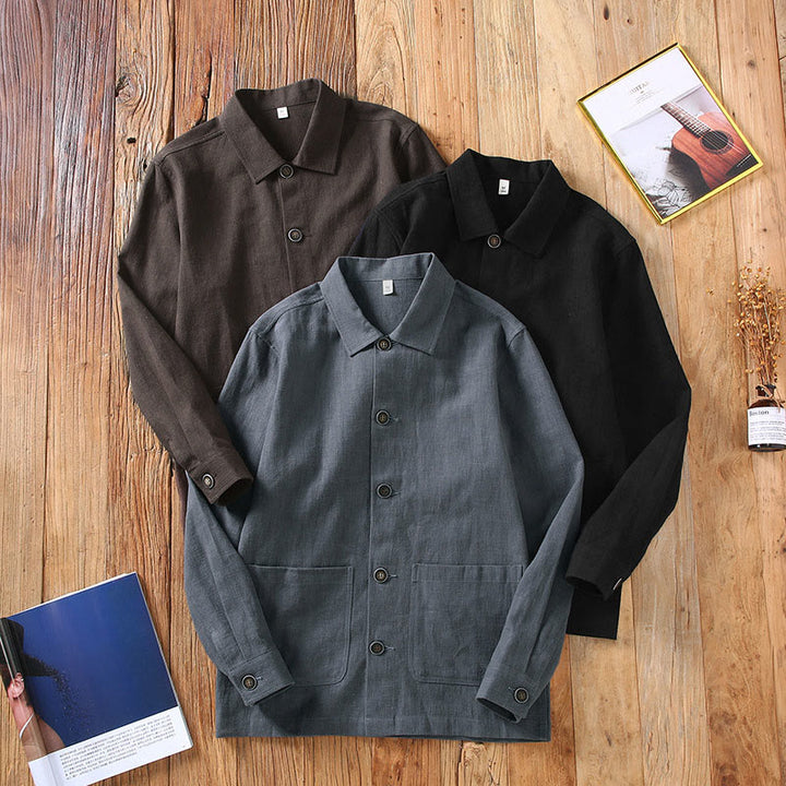 Buddha Stones Commute Plain Long Sleeve Button Lapel  Design Men's Ramie Linen Jacket With Pockets - image 13
