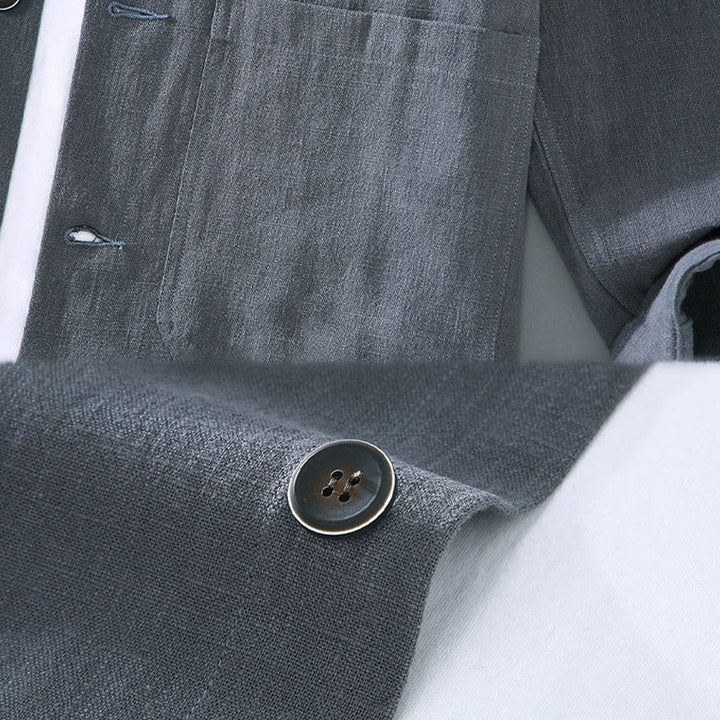 Buddha Stones Commute Plain Long Sleeve Button Lapel  Design Men's Ramie Linen Jacket With Pockets - image 10