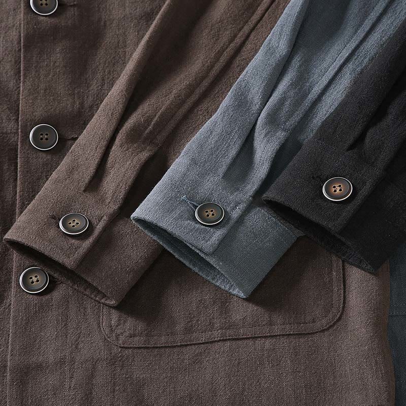 Buddha Stones Commute Plain Long Sleeve Button Lapel  Design Men's Ramie Linen Jacket With Pockets - image 15