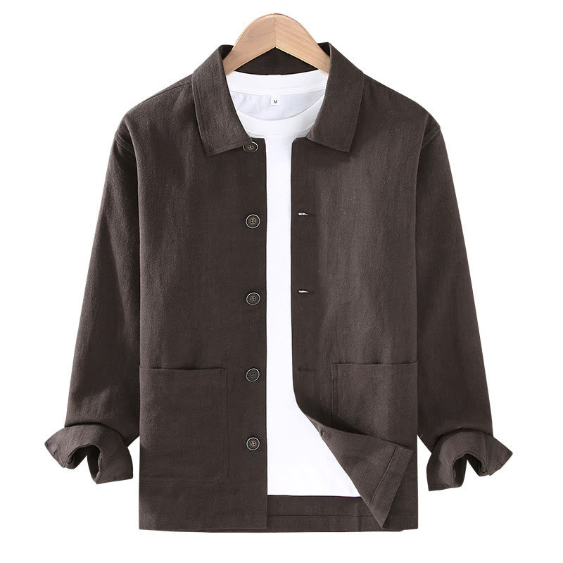 Buddha Stones Commute Plain Long Sleeve Button Lapel  Design Men's Ramie Linen Jacket With Pockets - image 3