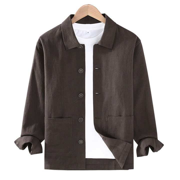 Buddha Stones Commute Plain Long Sleeve Button Lapel  Design Men's Ramie Linen Jacket With Pockets - image 3