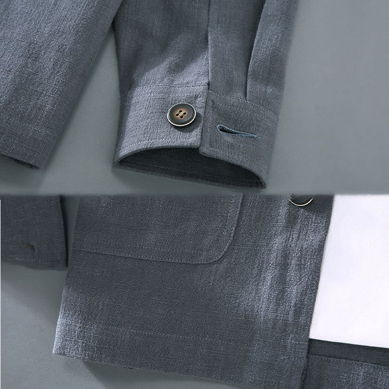 Buddha Stones Commute Plain Long Sleeve Button Lapel  Design Men's Ramie Linen Jacket With Pockets - image 11