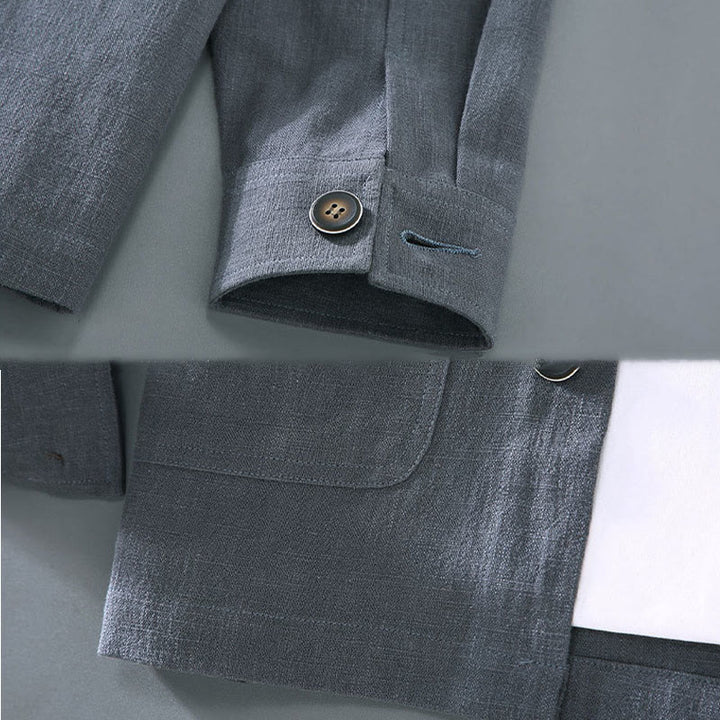 Buddha Stones Commute Plain Long Sleeve Button Lapel  Design Men's Ramie Linen Jacket With Pockets - image 11