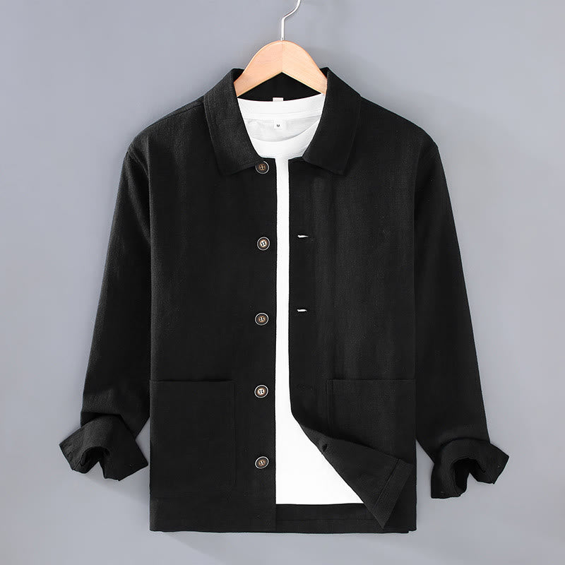 Buddha Stones Commute Plain Long Sleeve Button Lapel  Design Men's Ramie Linen Jacket With Pockets - Black - US/UK/AU42，EU52 (3XL) - image 12