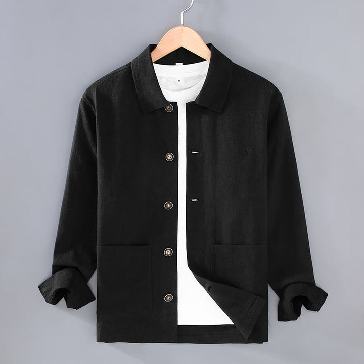 Buddha Stones Commute Plain Long Sleeve Button Lapel  Design Men's Ramie Linen Jacket With Pockets - Black - US/UK/AU42，EU52 (3XL) - image 12