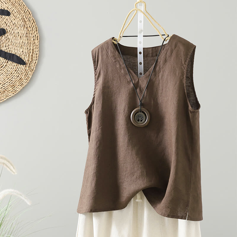 Buddha Stones Vintage Summer Solid Color V-Neck Women's Vest Waistcoat - SaddleBrown - US8-10，UK/AU12-14，EU40-42 (2XL) - image 1