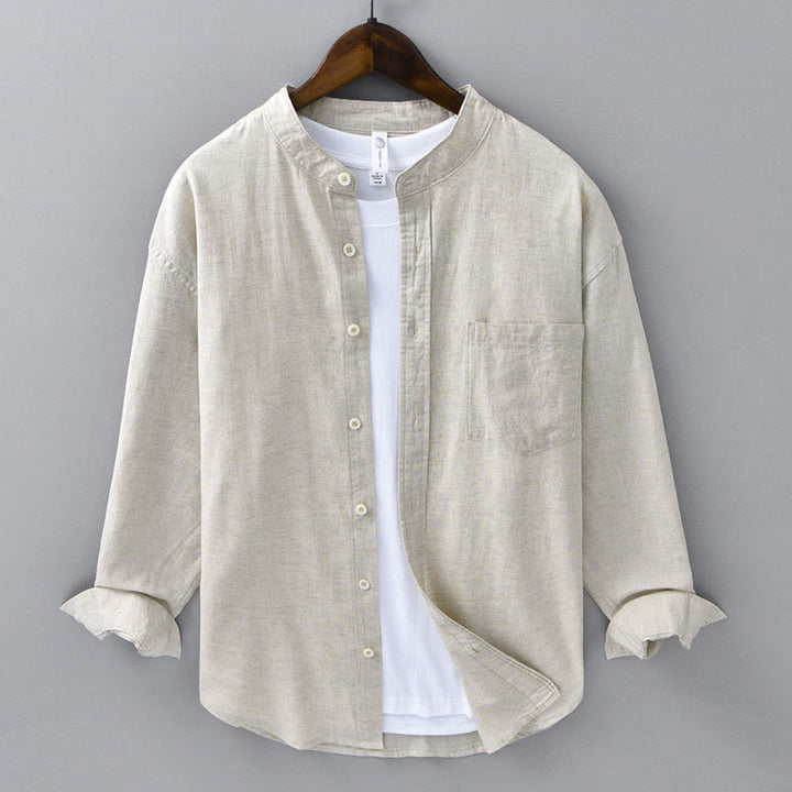 Buddha Stones Men's Long Sleeve Stand Collar With Pocket Pure Color Casual Cotton Linen Shirt - Linen - US/UK/AU40，EU50 (3XL) - image 1