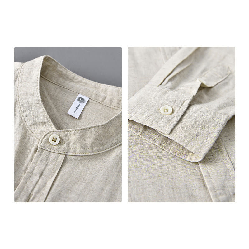 Buddha Stones Men's Long Sleeve Stand Collar With Pocket Pure Color Casual Cotton Linen Shirt - image 4