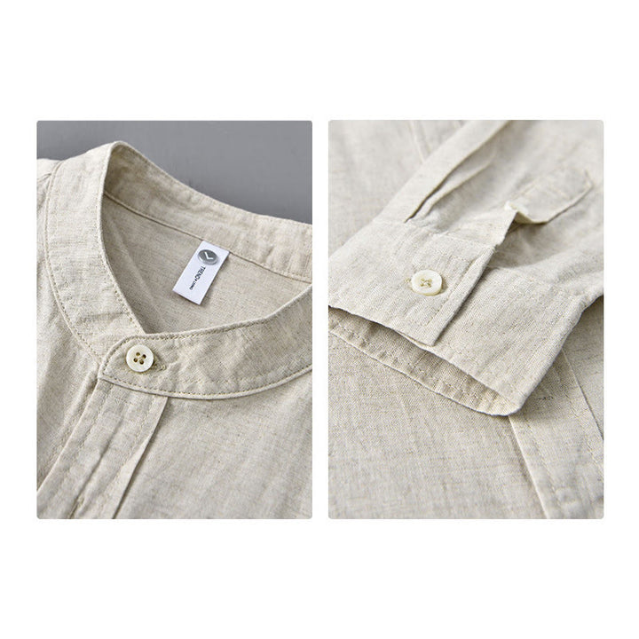 Buddha Stones Men's Long Sleeve Stand Collar With Pocket Pure Color Casual Cotton Linen Shirt - image 4
