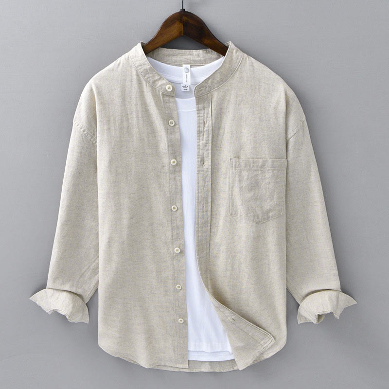 Buddha Stones Men's Long Sleeve Stand Collar With Pocket Pure Color Casual Cotton Linen Shirt - Linen - US/UK/AU42，EU52 (3XL) - image 1