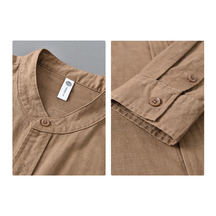 Buddha Stones Men's Long Sleeve Stand Collar With Pocket Pure Color Casual Cotton Linen Shirt - image 24