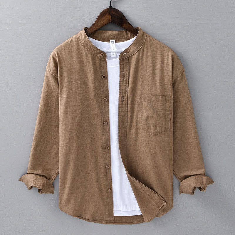 Buddha Stones Men's Long Sleeve Stand Collar With Pocket Pure Color Casual Cotton Linen Shirt - DarkGoldenrod - US/UK/AU40，EU50 (3XL) - image 22