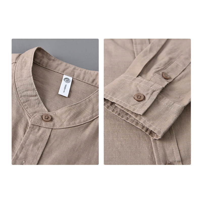 Buddha Stones Men's Long Sleeve Stand Collar With Pocket Pure Color Casual Cotton Linen Shirt - image 33