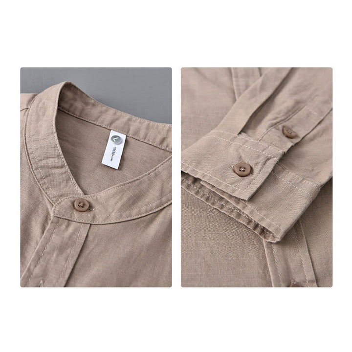 Buddha Stones Men's Long Sleeve Stand Collar With Pocket Pure Color Casual Cotton Linen Shirt - image 33