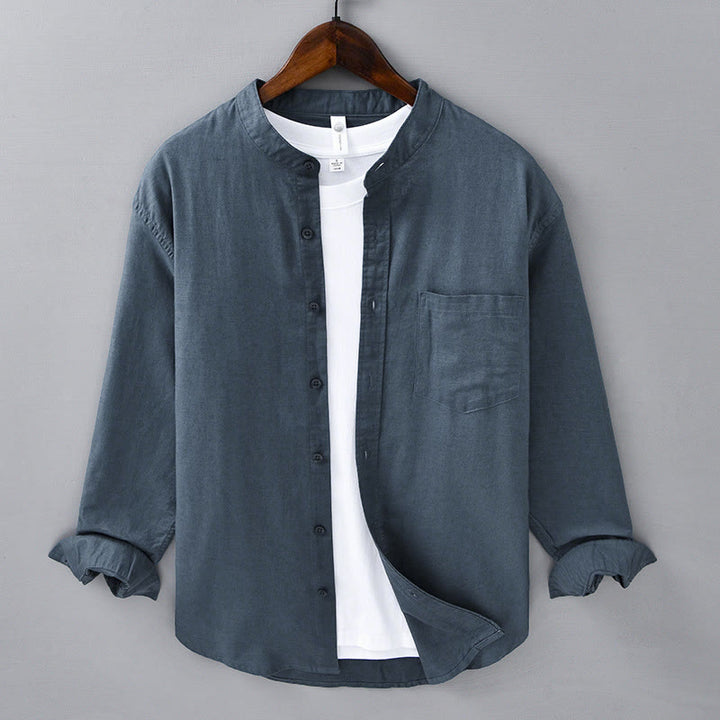 Buddha Stones Men's Long Sleeve Stand Collar With Pocket Pure Color Casual Cotton Linen Shirt - SteelBlue - US/UK/AU40，EU50 (3XL) - image 25