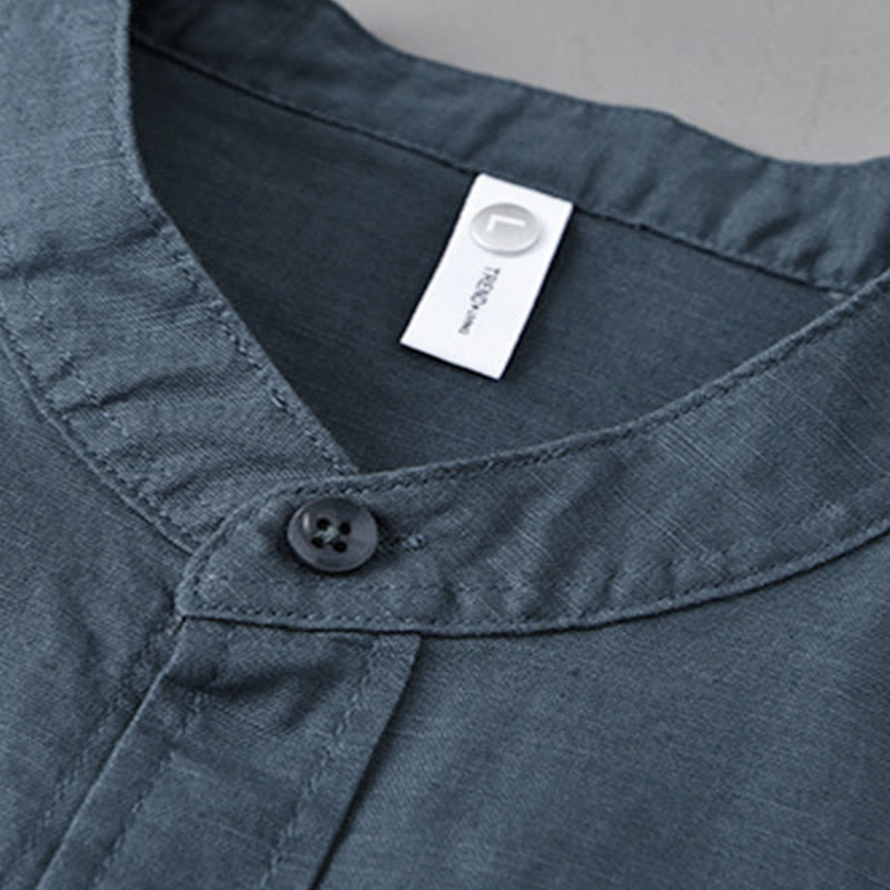 Buddha Stones Men's Long Sleeve Stand Collar With Pocket Pure Color Casual Cotton Linen Shirt - image 27