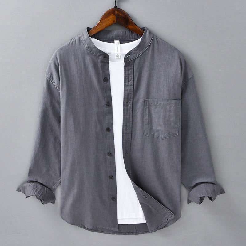 Buddha Stones Men's Long Sleeve Stand Collar With Pocket Pure Color Casual Cotton Linen Shirt - DimGray - US/UK/AU40，EU50 (3XL) - image 33