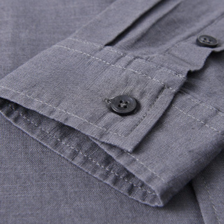 Buddha Stones Men's Long Sleeve Stand Collar With Pocket Pure Color Casual Cotton Linen Shirt - image 37