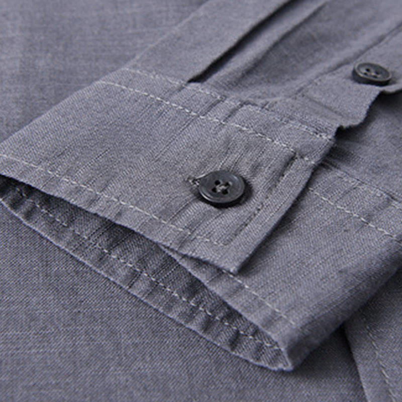 Buddha Stones Men's Long Sleeve Stand Collar With Pocket Pure Color Casual Cotton Linen Shirt - image 36