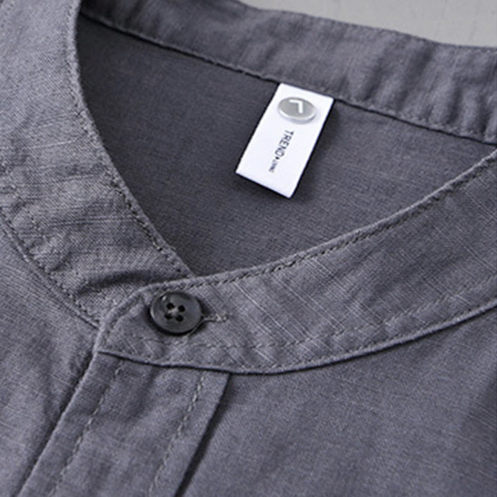 Buddha Stones Men's Long Sleeve Stand Collar With Pocket Pure Color Casual Cotton Linen Shirt - image 35