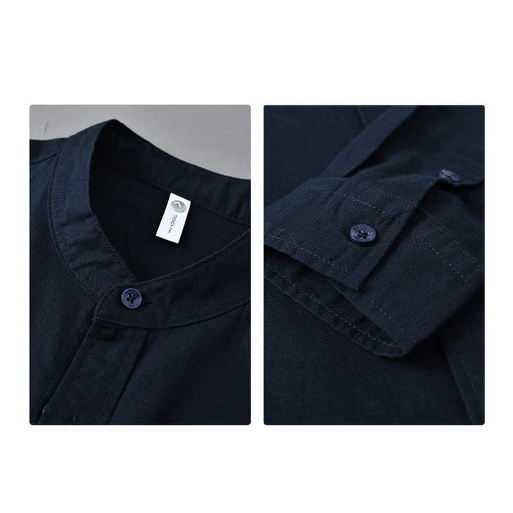 Buddha Stones Men's Long Sleeve Stand Collar With Pocket Pure Color Casual Cotton Linen Shirt - image 39