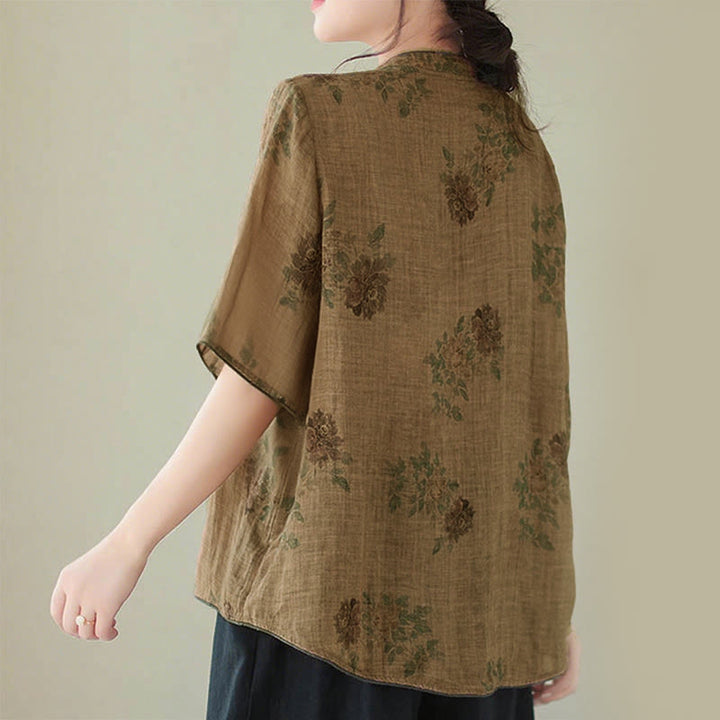 Buddha Stones Purple Flower Print Frog-Button Design Shirt - image 3