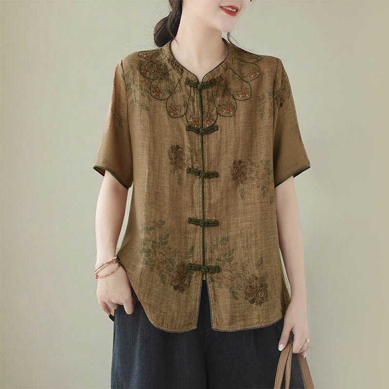 Buddha Stones Purple Flower Print Frog-Button Design Shirt - US16，UK/AU20，EU48 (3XL) - image 1