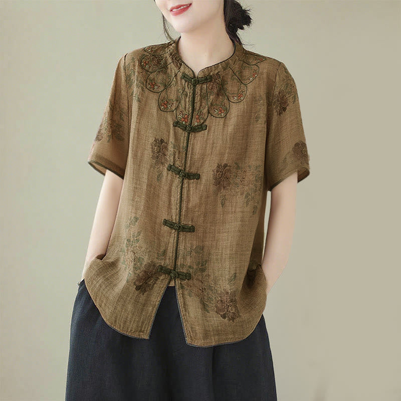 Buddha Stones Purple Flower Print Frog-Button Design Shirt - image 2