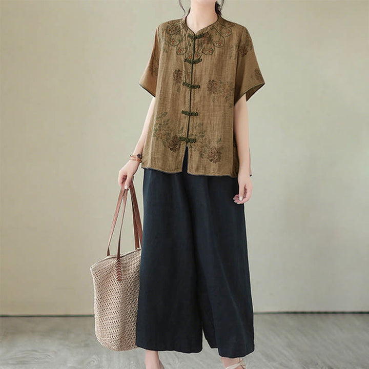 Buddha Stones Purple Flower Print Frog-Button Design Shirt - image 11