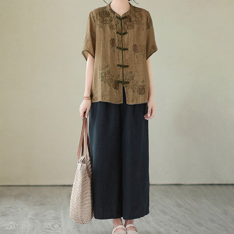 Buddha Stones Purple Flower Print Frog-Button Design Shirt - image 10