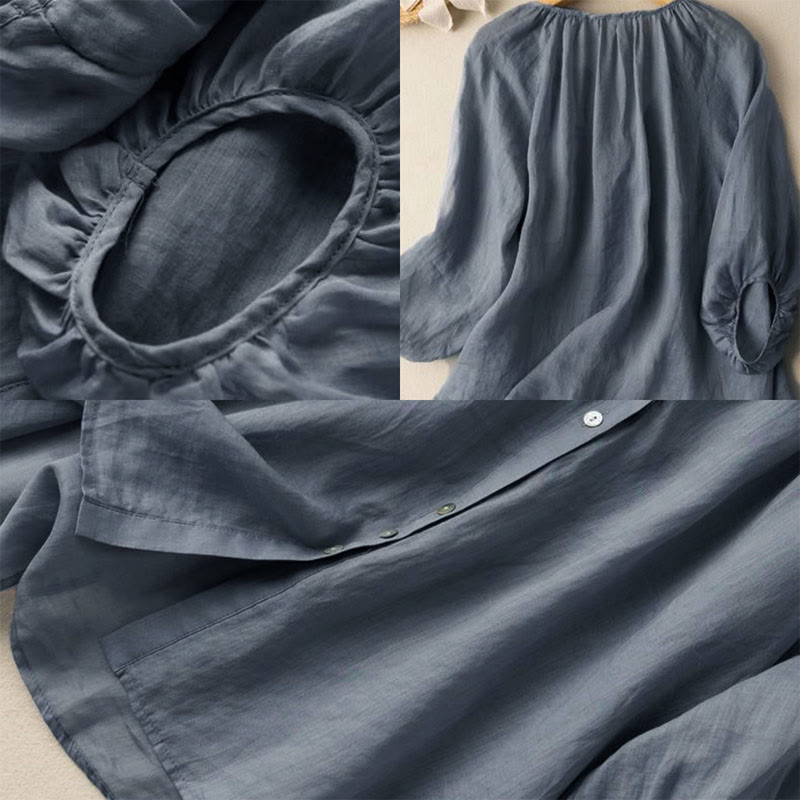 Buddha Stones Vintage Button Three Quarter Puff Sleeve V-Neck Women's Shirt - image 4