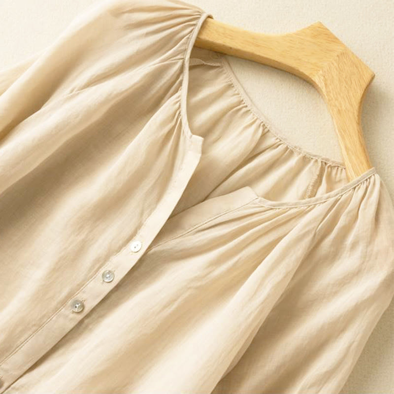 Buddha Stones Vintage Button Three Quarter Puff Sleeve V-Neck Women's Shirt - image 11