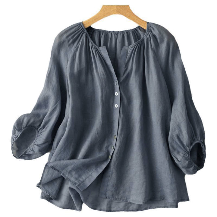 Buddha Stones Vintage Button Three Quarter Puff Sleeve V-Neck Cotton Women's Shirt - image 3